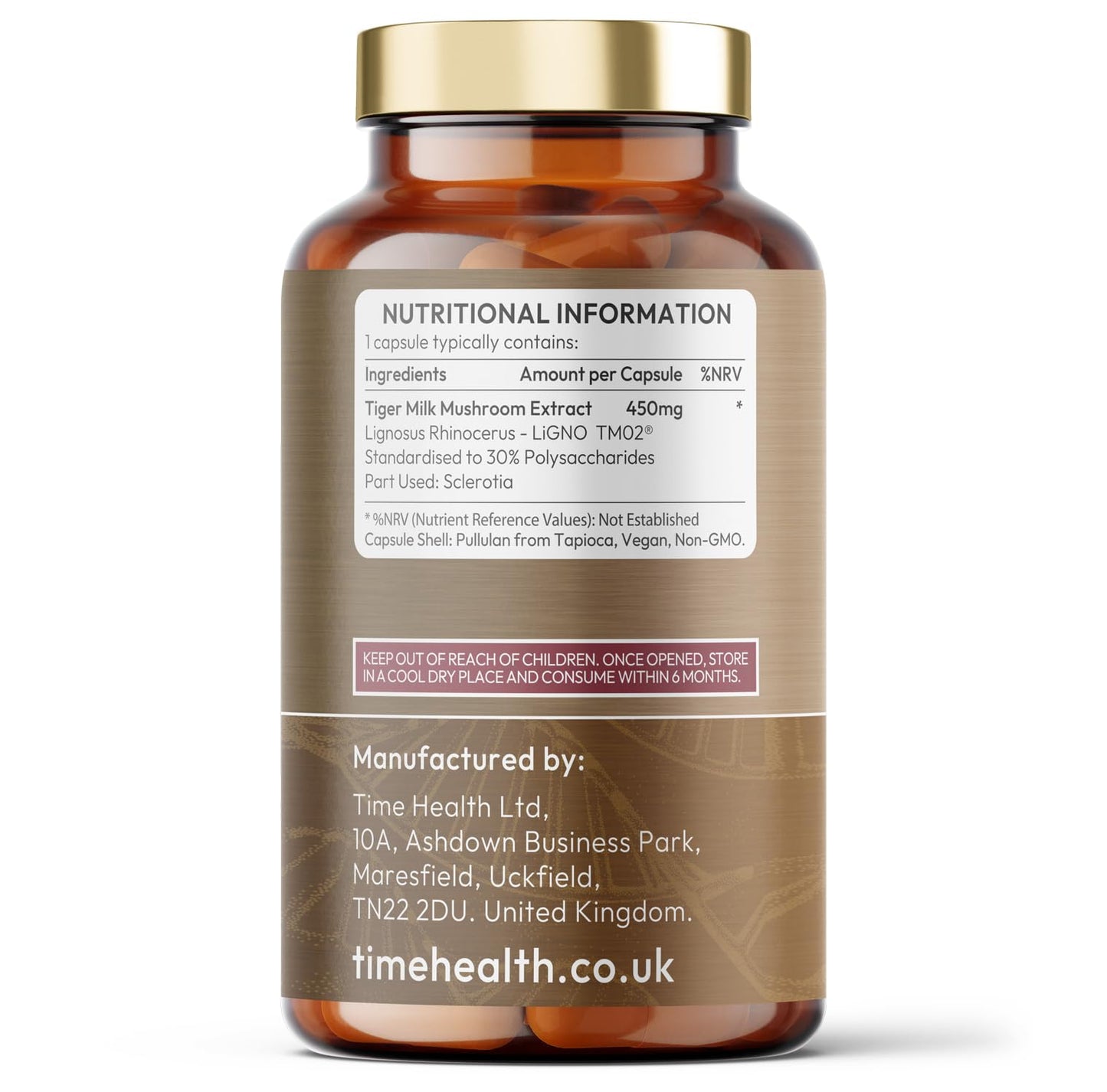 Tiger Milk Mushroom - 120 Capsules - 450mg Extract - LiGNO TM02® - >30% Polysaccharides - Lignosus rhinocerus - GMP - Vegan Supplement - No Synthetic Additives - Time Health