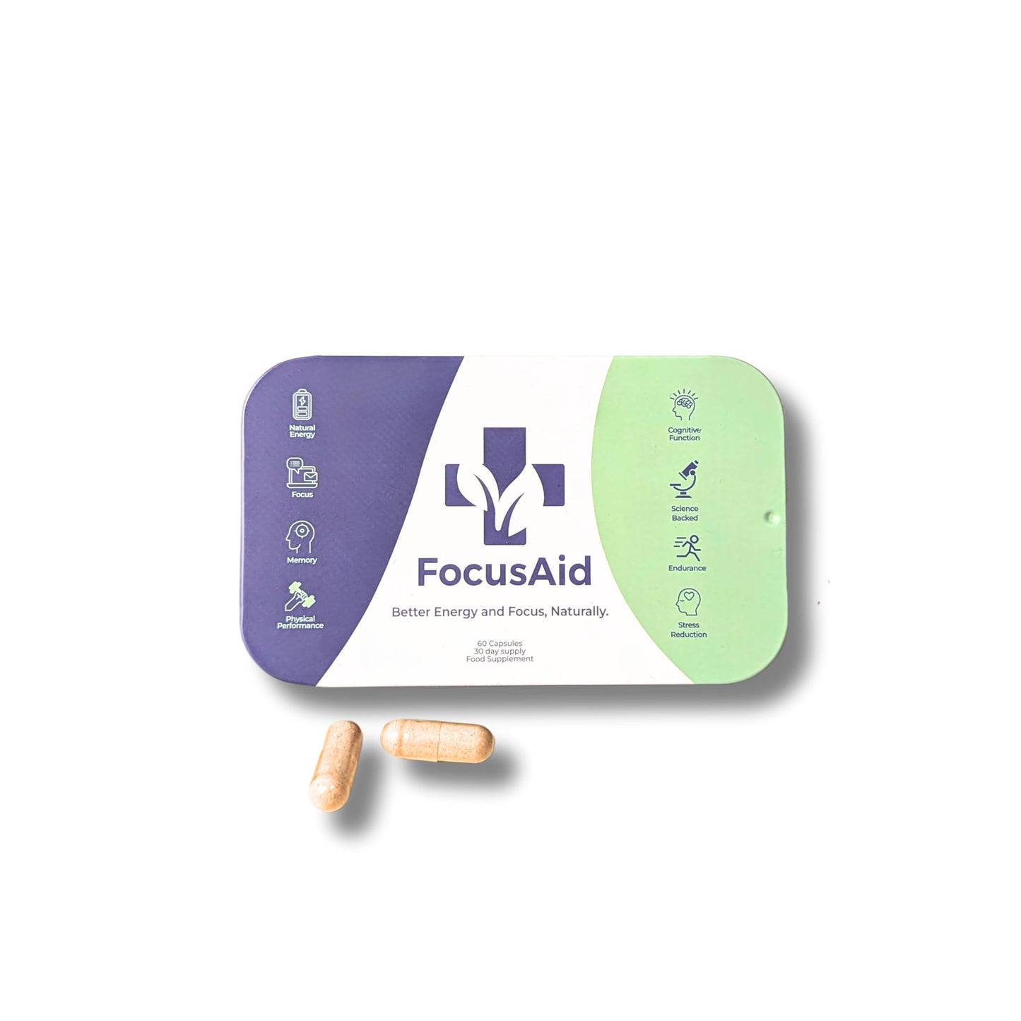 DailyAid FocusAid - Natural Energy Supplement - Nootropics Brain Supplement for Mental Focus & Cognitive Support, Lions Mane Supplement, Caffeine Tablet, Natural Brain Booster - 60 Capsules, Month Supply