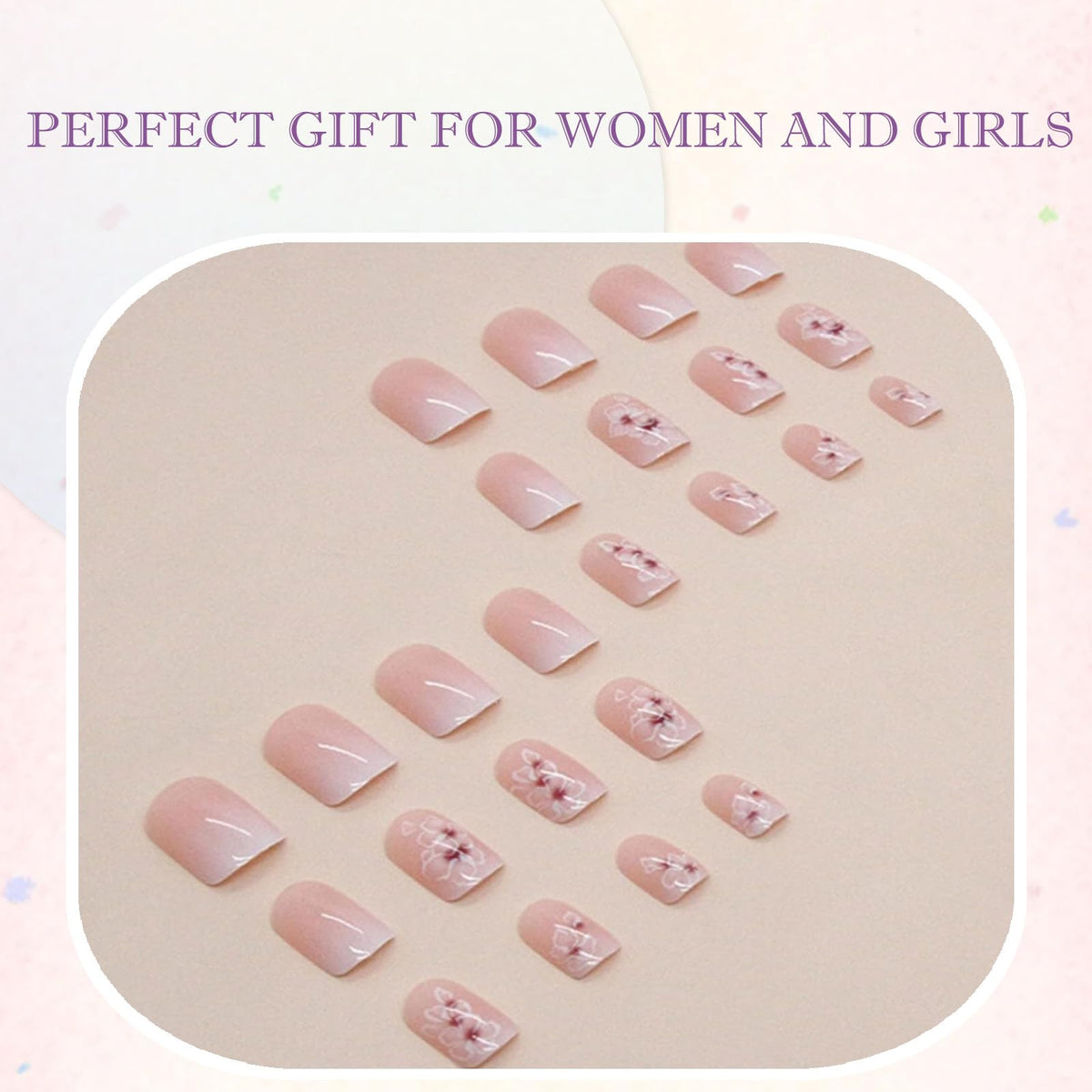 Generic 24PCS Medium Almond Stick On Nails with Floral Design - Elegant False Nails for Spring and Summer Style, Reusable Press On Set for Women, Glossy Pink Ombre Manicure with White Squoval Tips