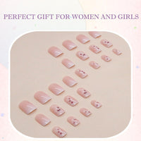 Generic 24PCS Medium Almond Stick On Nails with Floral Design - Elegant False Nails for Spring and Summer Style, Reusable Press On Set for Women, Glossy Pink Ombre Manicure with White Squoval Tips