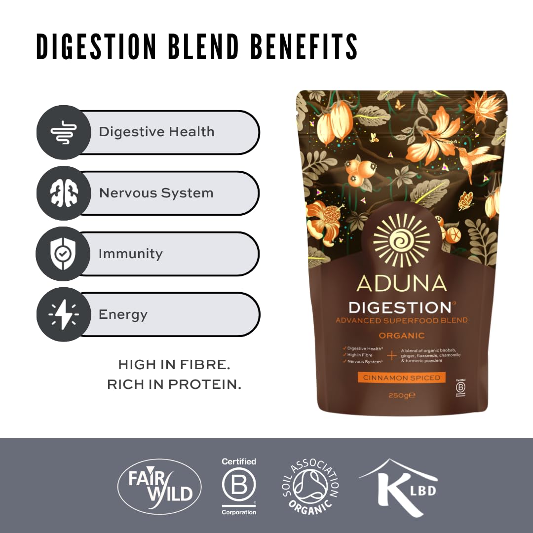 Aduna Advanced Superfood Digestion Blend | 100% Organic Powder for Smoothies/Juices & Yoghurt | 250g Resealable and Recyclable Pack