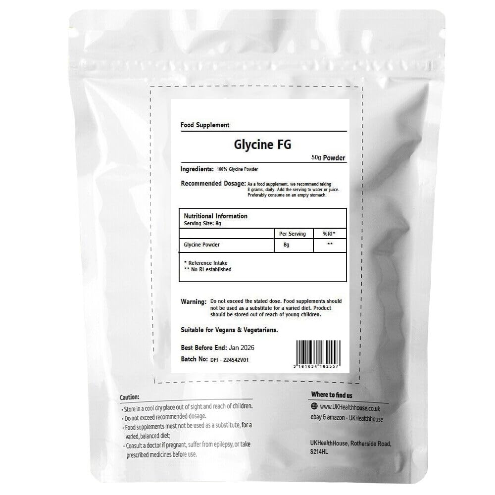 UKHealthHouse Glycine Powder 50g - Anti Inflammatory, Sleep Aid - Recovery, GH Release 100% Pure Glycine Vegan Friendly Boosts Protein Synthesis White