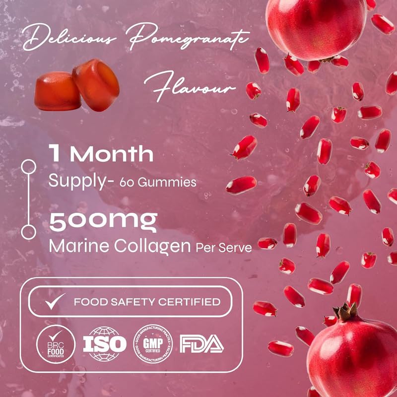 Known Delicious Marine Collagen Gummies - 500mg Collagen, Vitamin A, C - Skin Support - Natural Pomegranate Flavour - 60 Gummies, 2 Months Supply
