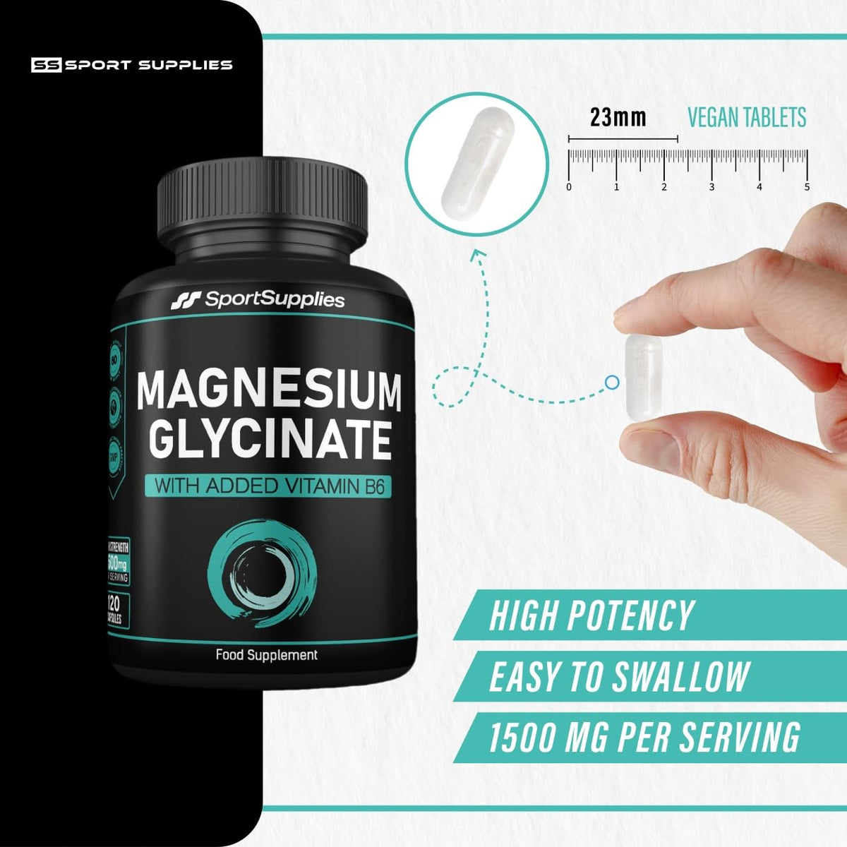 SS Sport Supplies Magnesium Glycinate Supplements 1500mg & Vitamin B6-120 High Strength Capsules - 1500mg of Magnesium Providing 315mg Elemental Magnesium (Bisglycinate) - Pure Active Ingredient