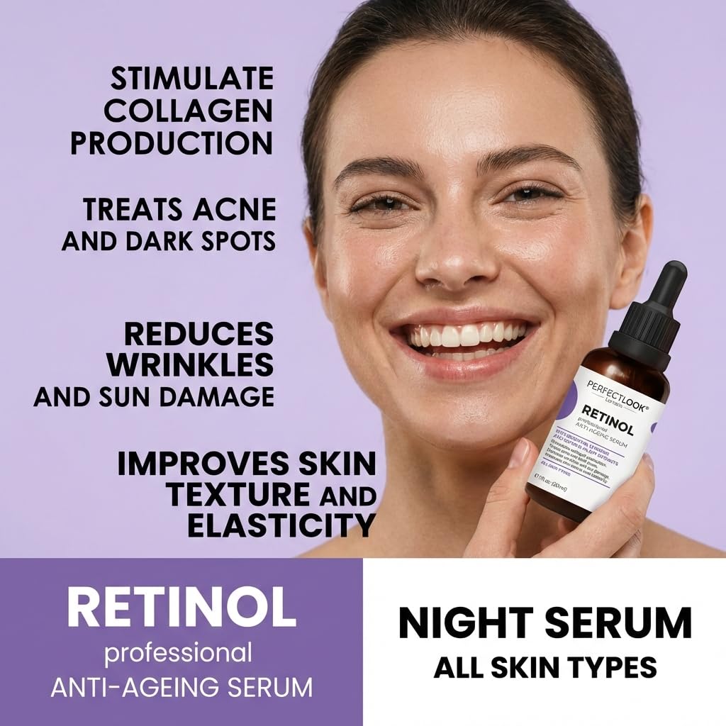 PERFECT LOOK LONDON Perfect Look London Advanced Retinol Serum with Hyaluronic Acid – Hydrating Anti-Ageing Formula for Wrinkles, Fine Lines & Dark Spots – Smoothing Vitamin A Night Serum – 30ml