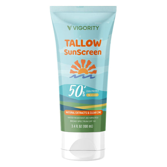 Vigority Beef Tallow Sunscreen with Zinc Oxide: Natural Non-Toxic SPF 30 Tallow Sunblock Cream for Face & Body - with 10 Food-Grade Botanical Extracts - Kids & Sensitive Skin Safe, Water-Resistant - 3.4 FL OZ