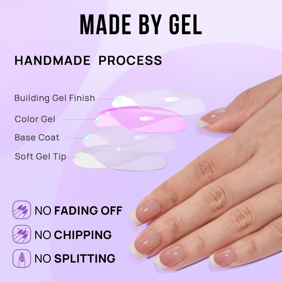 BTArtbox Stick On Nails for Women - Short Square Press On Nails, 32 Pcs Soft Gel French Tip False Nails With Glue, Reusable Semi-Transparent Fake Nail Kit in 16 Sizes, French Girl