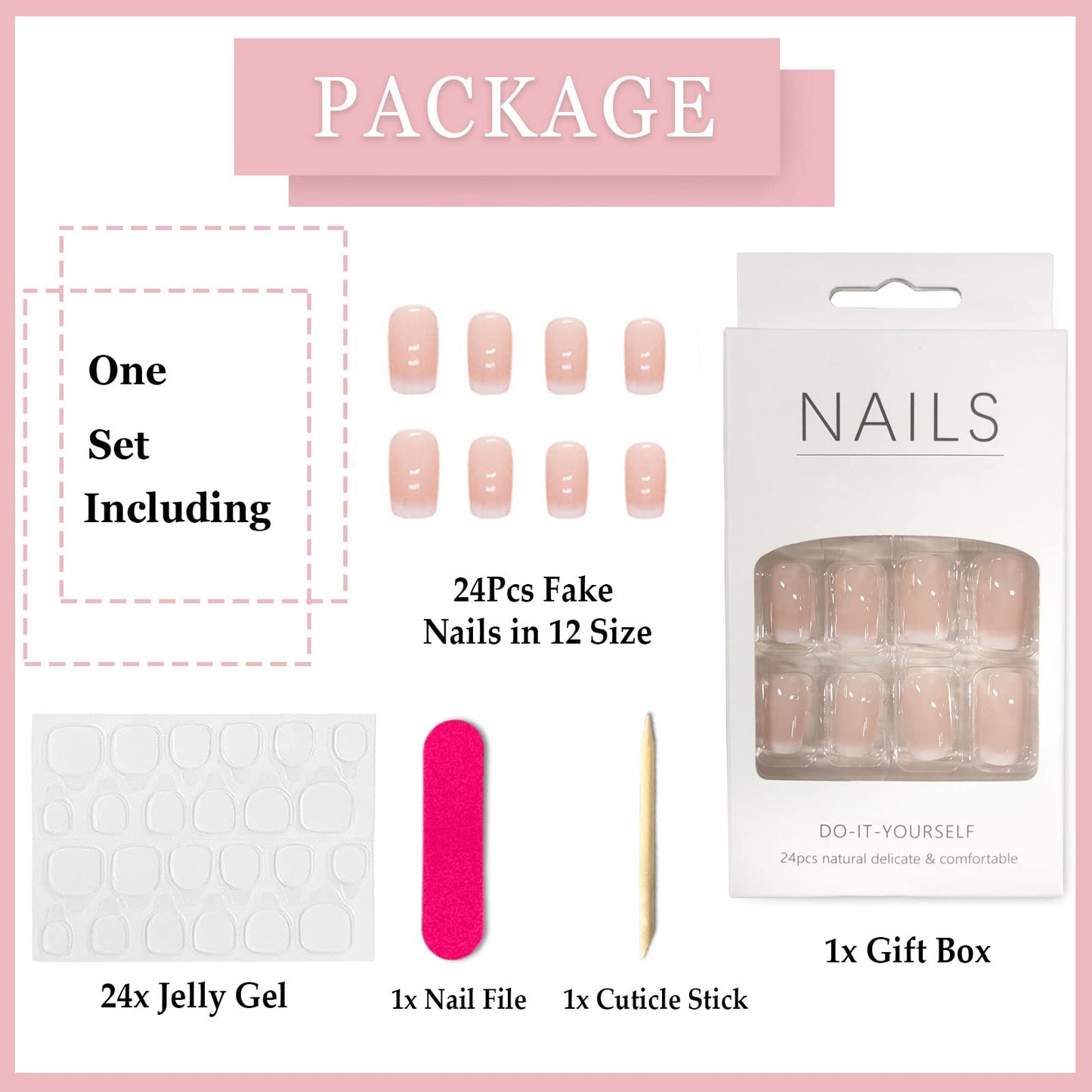 Ceboic 24Pcs Square False Nails Short, Pink Gradient French Tip Nude Press on Nails, Glossy Removable Glue on Nails with Glue Stickers, Acrylic Full Cover Stick on Nails for Women and Girls