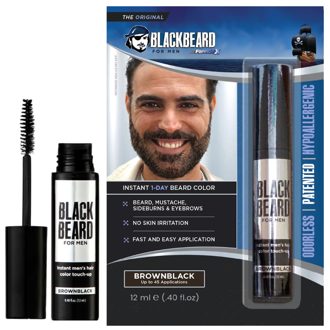 BLACKBEARD FOR MEN Blackbeard for Men Temporary Beard & Facial Hair Colour Brush‑On Grey Coverage for Beard, Moustache, Sideburns & Brows Hypoallergenic, Water‑Resistant, Easy‑Apply Brown Black 12 ml