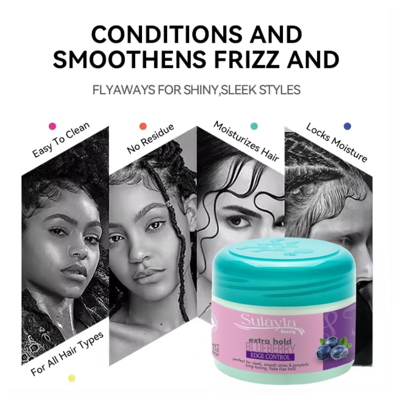 Sulayla Beauty Blueberry Edge Control Extra Hold, 150 grams, for Sleek Smooth Styles, with Jojoba Oil, Ginger Extract, Castor Oil, Biotin, Coconut Oil & Honey Extract
