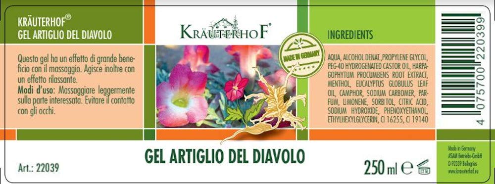 Krauterhof Kräuterhof Gel with Devil's Claw and Eucalyptus, Menthol and Camphor Extract 250ml Tub Sealed with Aluminium Film [Ideal Care for Massages]