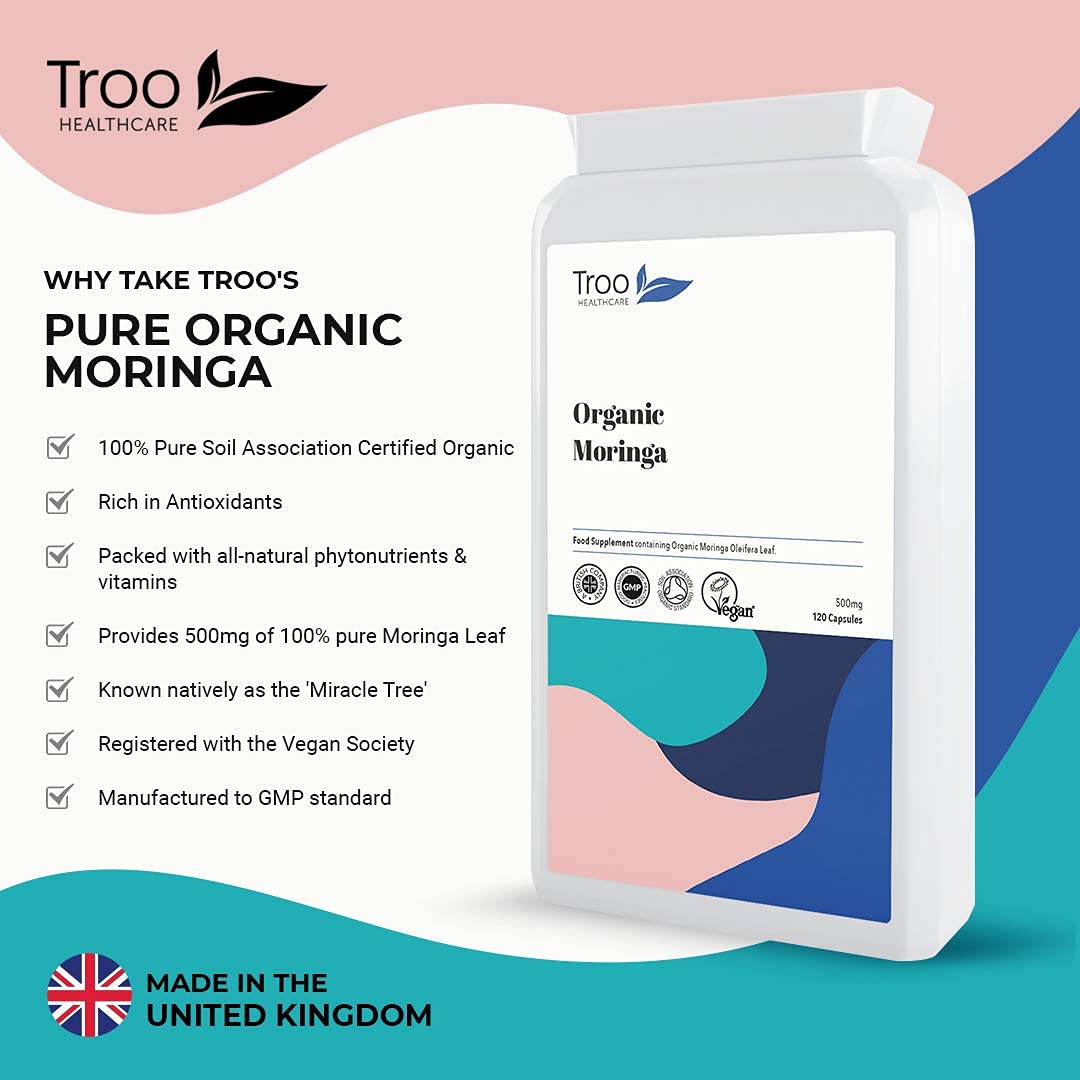 Troo Health Care Troo Organic Moringa Oleifera Supplement - 1000mg Per Serving 120 Capsules - Pure Moringa Leaf Powder Rich in Vitamins & Amino Acids - Suitable for Vegans