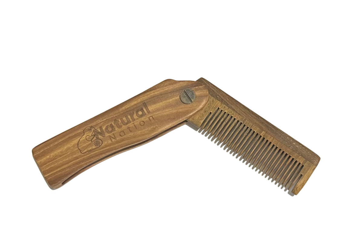 NATURAL NATION Folding Wooden Beard Brush / Hair Comb Pocket Sized Durable Anti-Static Mens Eco Friendly Natural