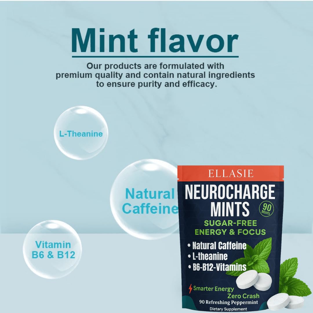 ELLASIE NeuroCharge Energy & Focus Gum (Peppermint, 90 Pieces) | 80mg Natural Caffeine + L-Theanine + Vitamin B12 & B6 | Sugar Free Nootropic Cognitive Brain Performance Supplement