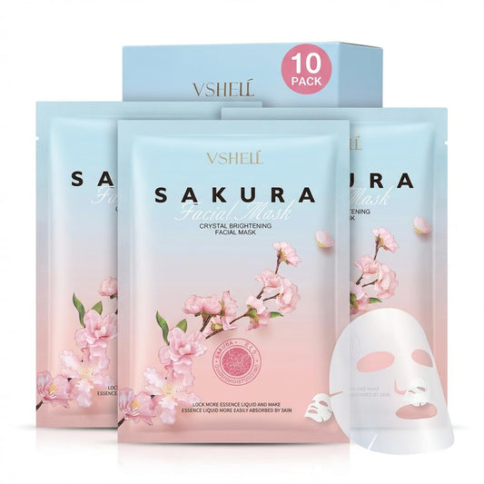 VSHELL Sakura Face Sheet Mask – Hydrating & Brightening Facial Mask for Radiant Glow – Glass Skin Effect Skincare for Even Tone & Smooth Skin – Daily Use – 10 Pack