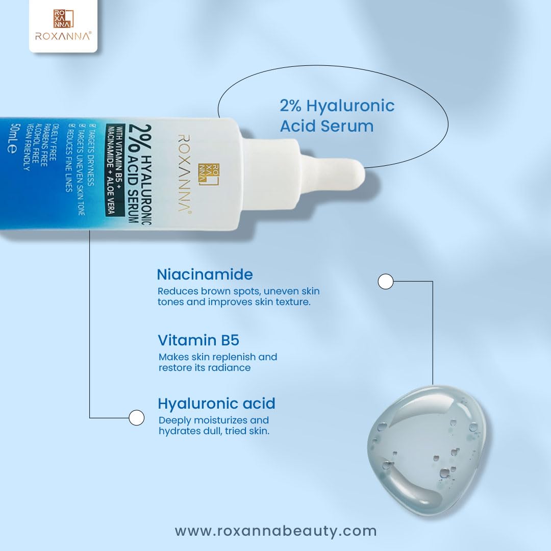 Roxanna 2% Hyaluronic Acid Face Serum 50ml – Hydrating Serum with Vitamin B5, Niacinamide & Aloe Vera – Plumping, Moisturising & Brightening Skincare for Dry, Sensitive & Mature Skin