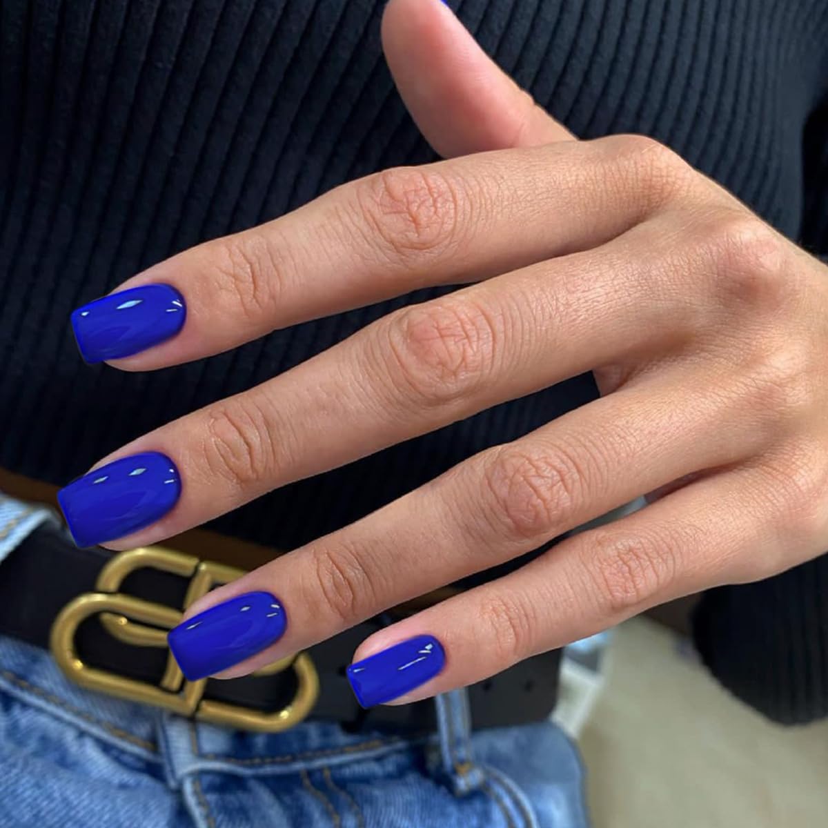 SXVME Royal Blue False Nails Medium Short Square, Press on Nails Medium Glossy Gel Full Cover Fake Nails Solid Color Natural Fit Reusable Acrylic Nails for Women Daily Wear, in 24 Pcs