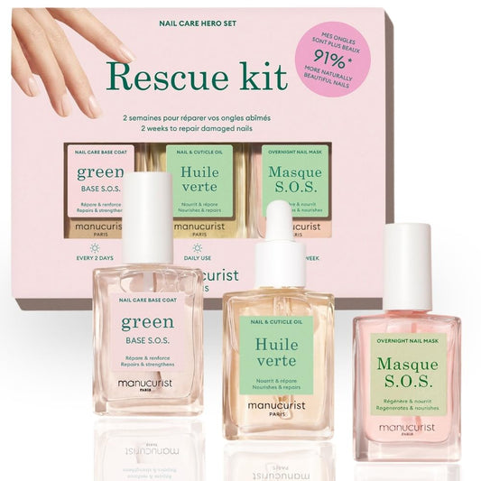 Manucurist Rescue Kit - Nail Care Kit - Nail Repair for Damaged Nails : 1 Strengthening Base Coat, 1 Night Mask for Nails, 1 Nail Cuticle Oil - Nail Strengthener For Damaged Nails - Nail Growth