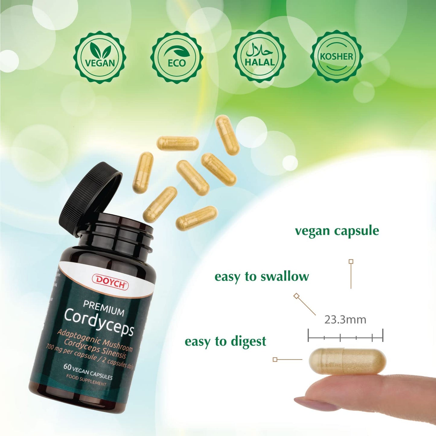 DOYCH Potent Cordyceps Mushroom Capsules 1400 mg Performance Booster - Bioactive Cordyceps Sinensis Extract with 40% Polysaccharides & Beta Glucan - 60 Organic Mushroom Capsules by Doych