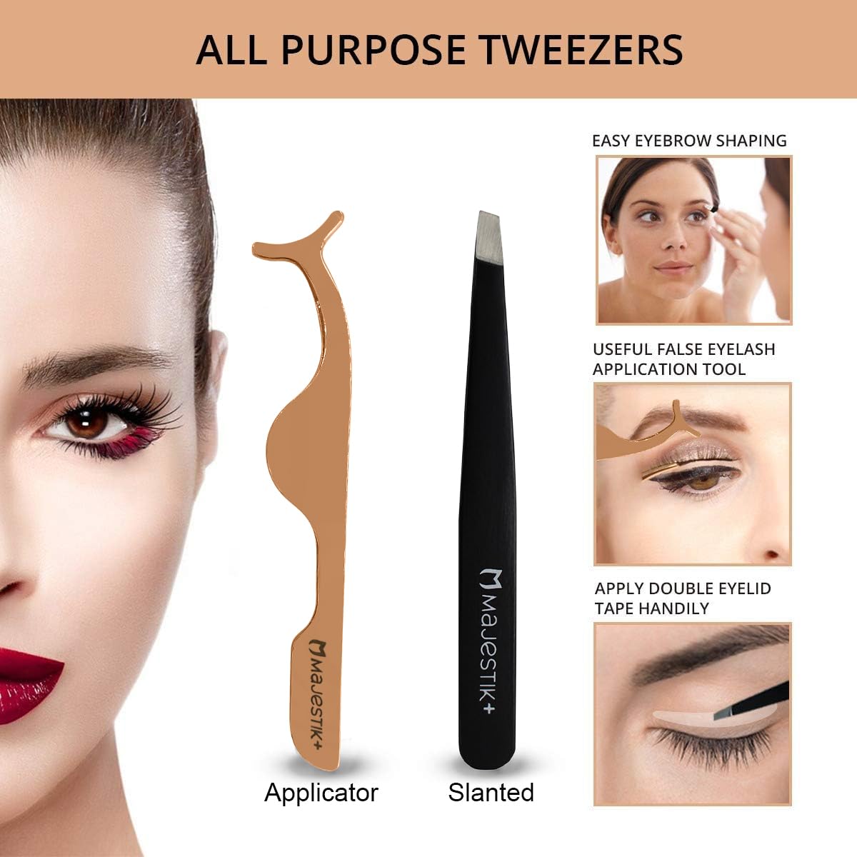 The Brow & Lash Rose Gold Set Eyelash & Eyebrow Tools Kit Includes Tweezers Lash Curler Spoolie Brush and scissors Idol Gift for Women By Majestik+