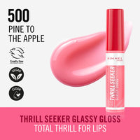 Rimmel Thrillseeker Glassy Gloss 500 Pine to the Apple, Hydrating Shine, Hyaluronic Acid, Anti-Oxidant Complex, Non-Sticky, Big Applicator, Healthy-Looking Lips, Delicious Scent, Vegan, Cruelty Free