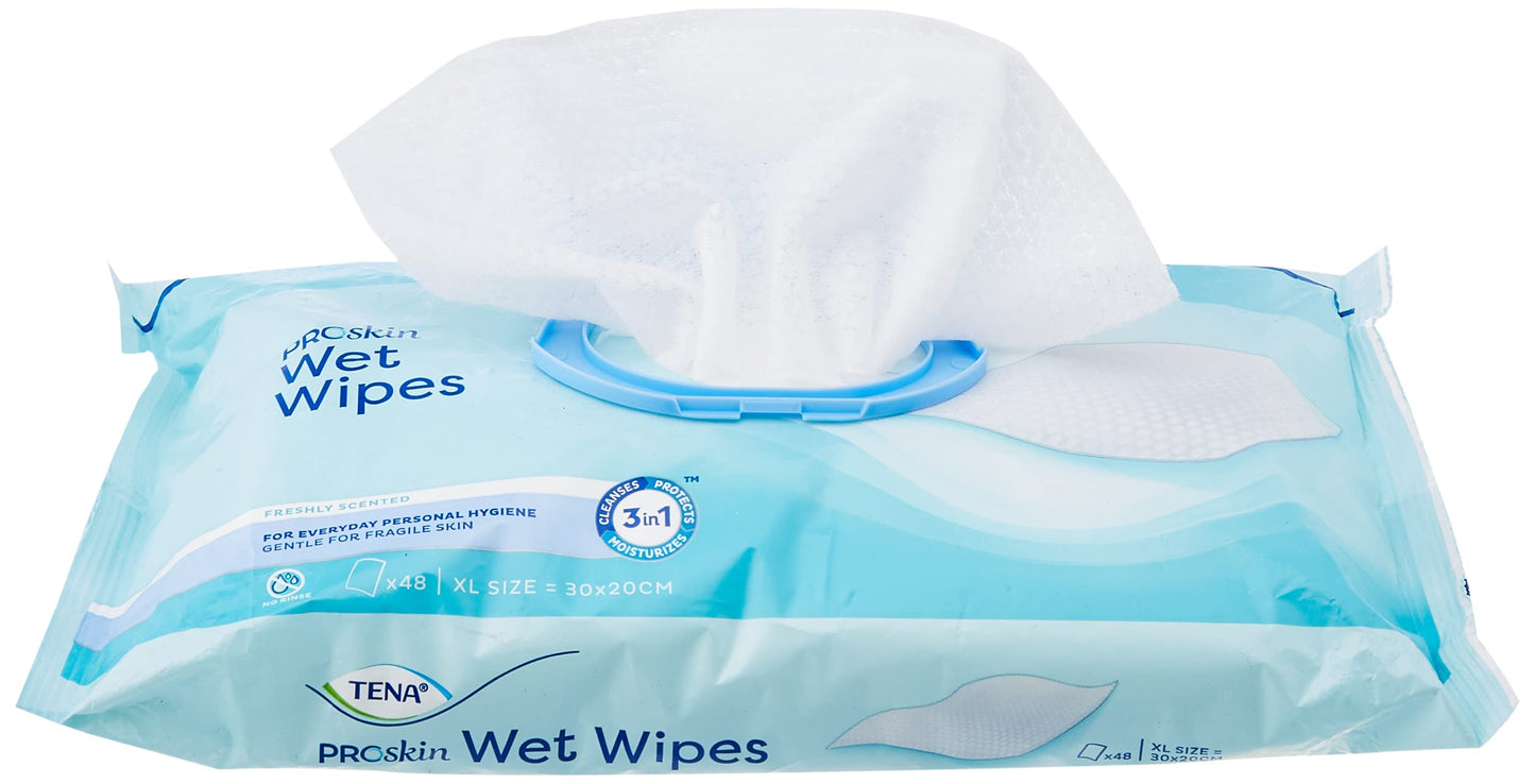 TENA Tena Wet Wipes with Plastic Lid, XL Size: 30 x 20 cm, 48 Wipes (Pack of 1)