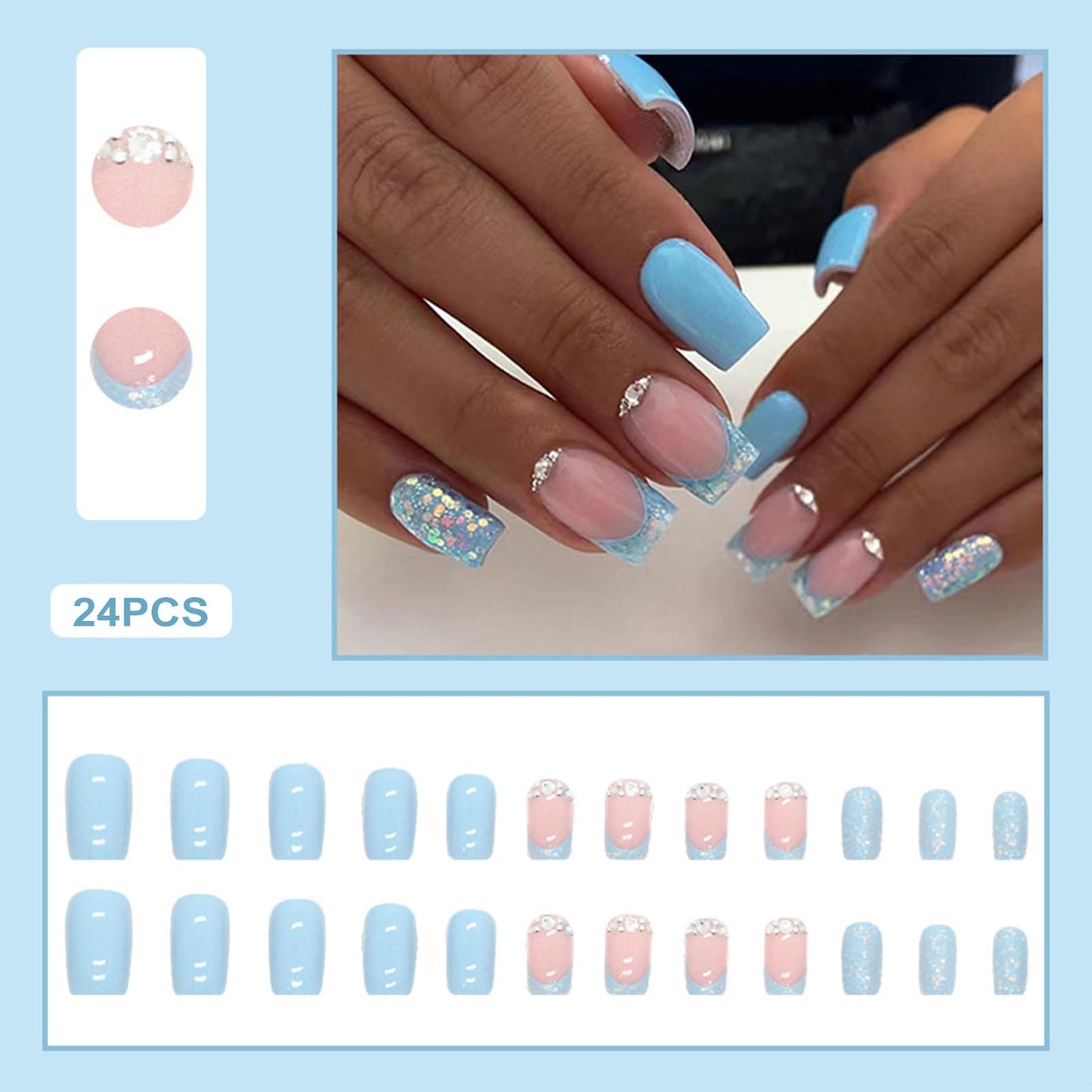 AVZXXKUF 24PCS French Square False Nails with Rhinestone Design Romantic and Elegant Medium Press on Nails Glossy Fake Nails Full Cover Acrylic Nails for Women or Girls