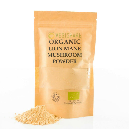 vegishake Organic Lions Mane Mushroom Powder Hericium erinaceus Polysaccharides Immune Cognitive Vegan (100g)