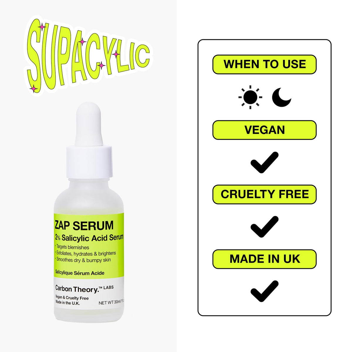 Carbon Theory Supacylic Face Serum - Salicylic Acid Serum - Targets Blemishes, Dry Skin - Acne Treatment & Blemish Treatment - Vegan Facial Exfoliator Serum - 30ml