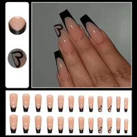 Maggikey 24PCS Long Coffin Ballerina False Nails - French Black Plastic Press On Nails - Full Coverage Glossy Stick On Nails For Women (Black Heart French Style)