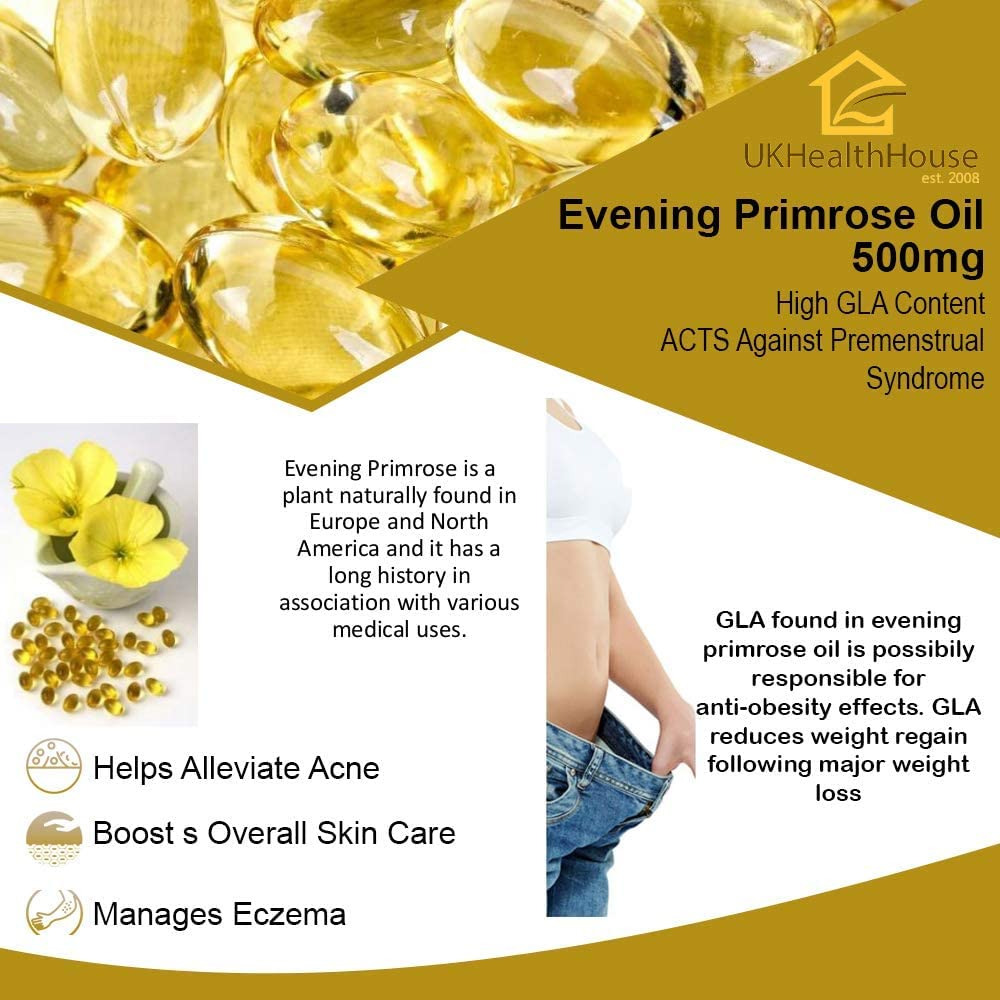 UKHealthHouse Evening Primrose Oil Softgels 500mg – High Strength Omega 6 with 45mg GLA & Vitamin E | Menopause Supplements for Women’s Health, Skin & Immune Support – 120 Capsules