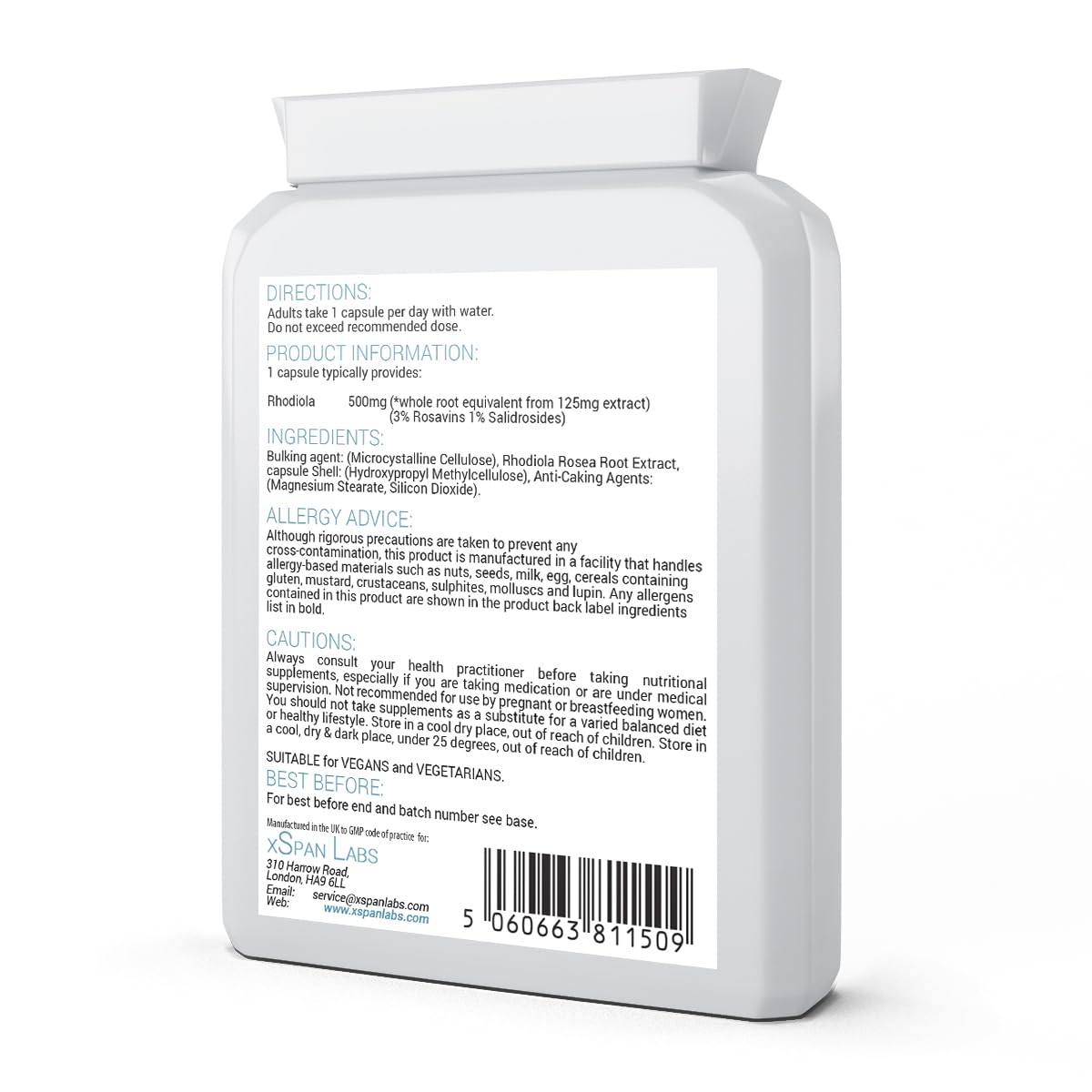 Xspan Labs Rhodiola 500mg (standardized to 3% Rosavins and 1% Salidrosides) Whole Root Equivalent - 60 Capsules - Suitable for Vegetarian and Vegan Diets