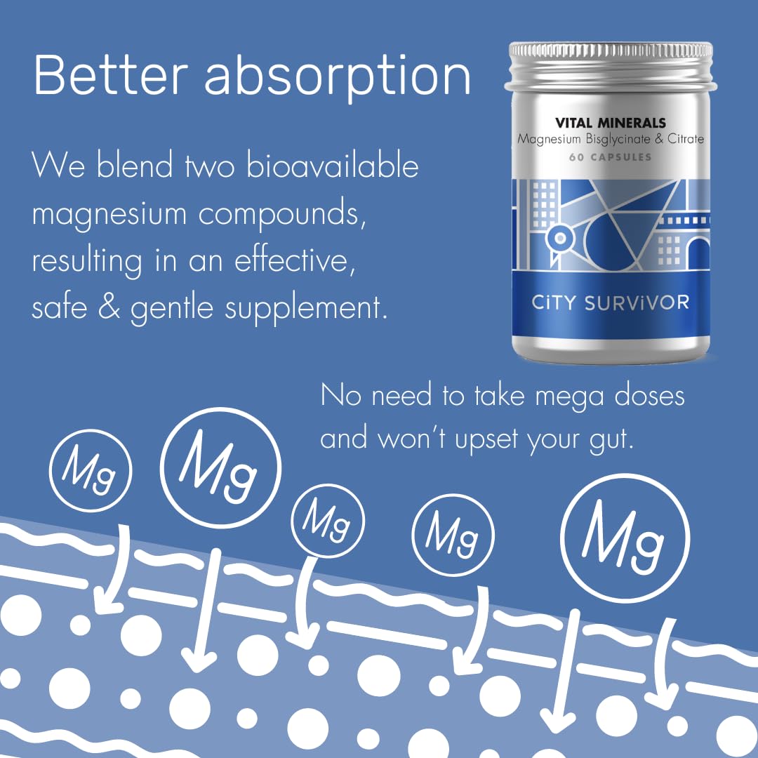 City Survivor Vital Minerals Magnesium - Bioavailable Glycinate & Citrate for Sleep, Energy and Exercise - 60 Capsules