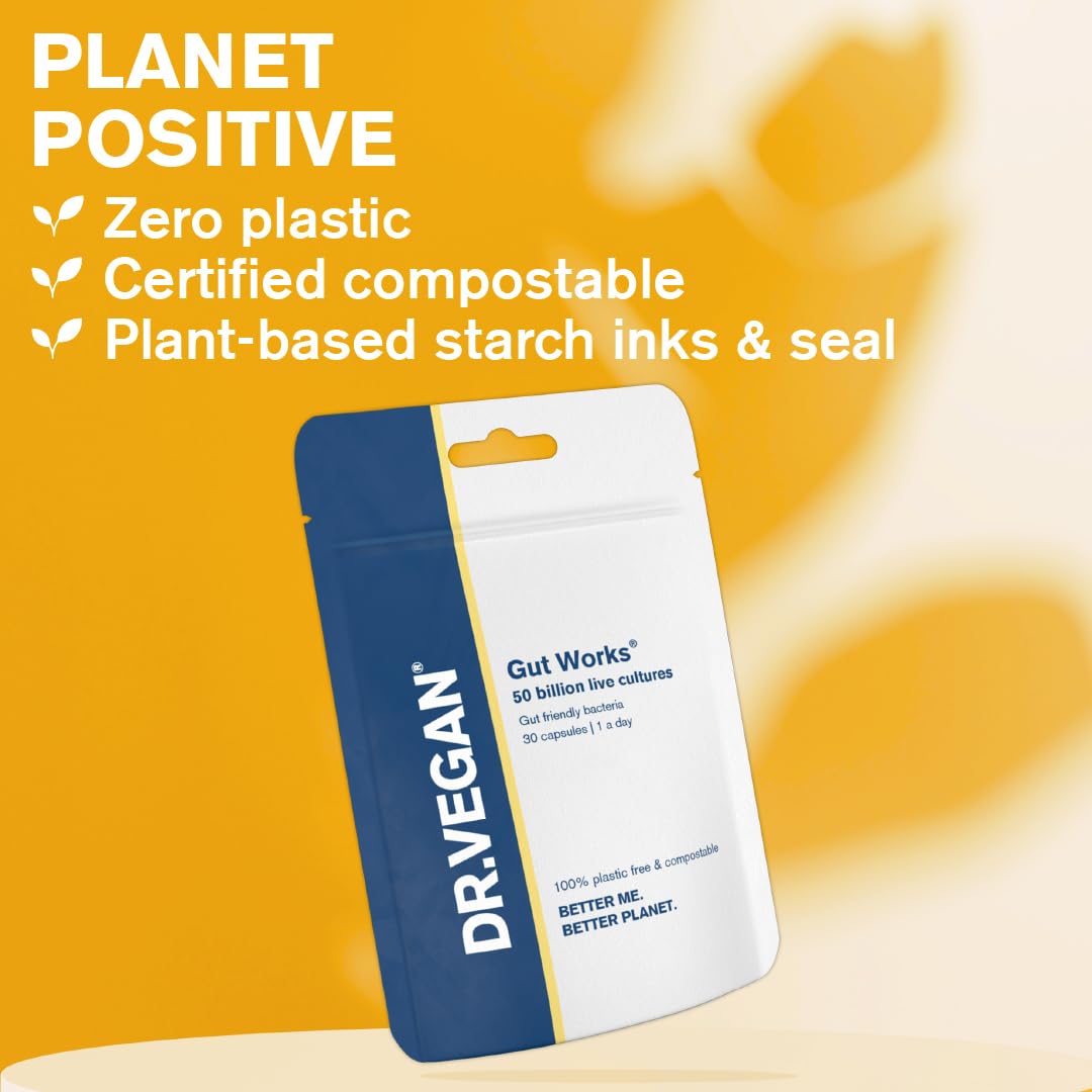 DR.VEGAN Gut Works® | 50bn Live Cultures | Pre & Probiotic | 30 Vegan Friendly Capsules | One-A-Day | 6 clinically studied strains