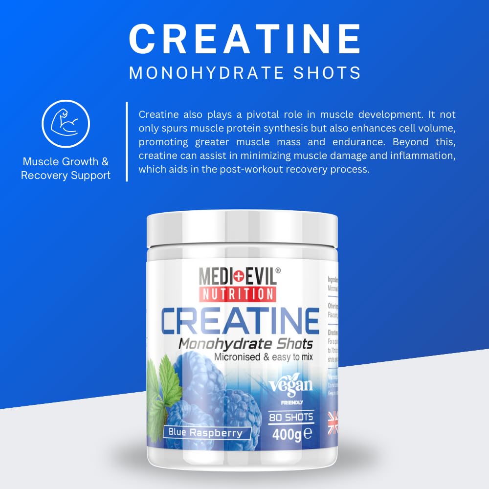 Medi-Evil Nutrition Creatine Monohydrate Powder 400g, Blue Raspberry Flavour, Micronised for Easy Mixing, Improve Strength and Physical Performance