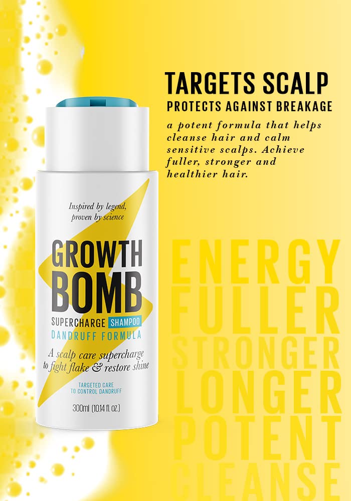 Growth Bomb Supercharge Dandruff Shampoo 300ml - NOURISH hair & CALM sensitive scalps. Yerba Maté. Tea Tree. Natural Ingredients.