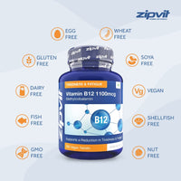 Zipvit Vitamin B12 Tablets High Strength 1100mcg Methylcobalamin, 360 Vegan B12 Tablets (12 Months Supply). Helps with Tiredness and Fatigue. Vegetarian Society Approved B12 Supplement. UK Supplier