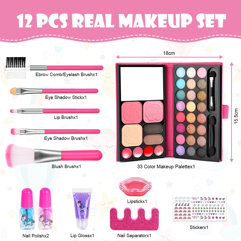 Aomig 33 Colors Kids Makeup Sets for Girls, 12 Pcs Princess Make Up Kit with 5 Brushes, Washable Children's Cosmetics Toys, Non-Toxic Makeup Kit, Cosmetic Beauty Set Gift for Kids Halloween Birthday