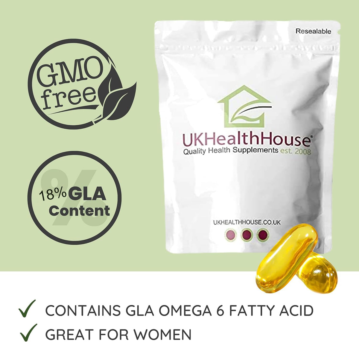 UKHealthHouse Starflower Oil Capsules 1000mg – High Strength Borage Oil with 18% GLA & Omega 6 | Cold Pressed Softgels for Women’s Health, Skin, Digestion & Hormonal Balance – 60 Capsules