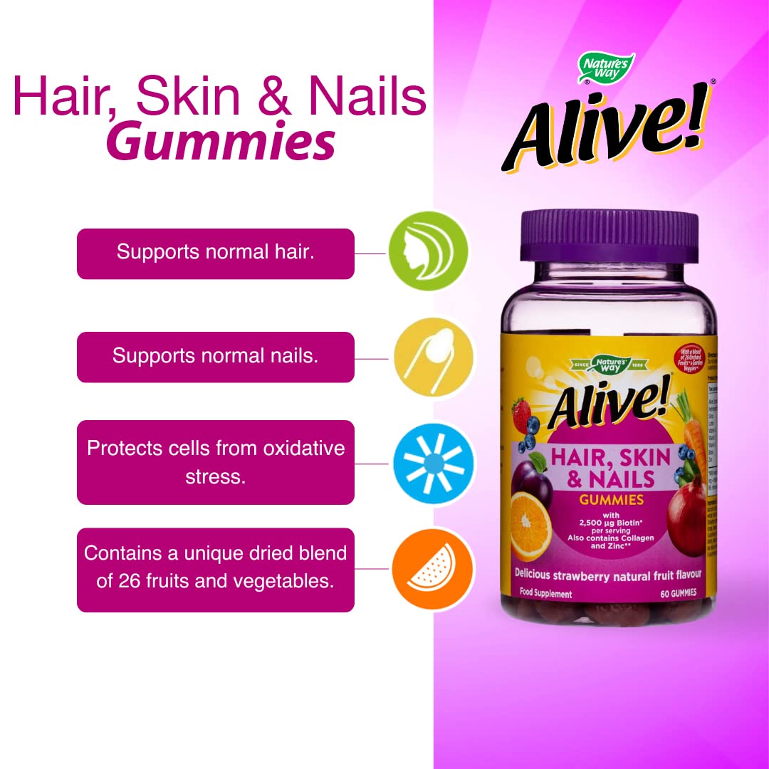 Alive! Hair, Skin & Nails Supplement | Contains 2,500mcg of Biotin | 60 Gummies (1 Month Supply) | Delicious Multivitamin Gummies to Nourish Your Hair, Skin & Nails.