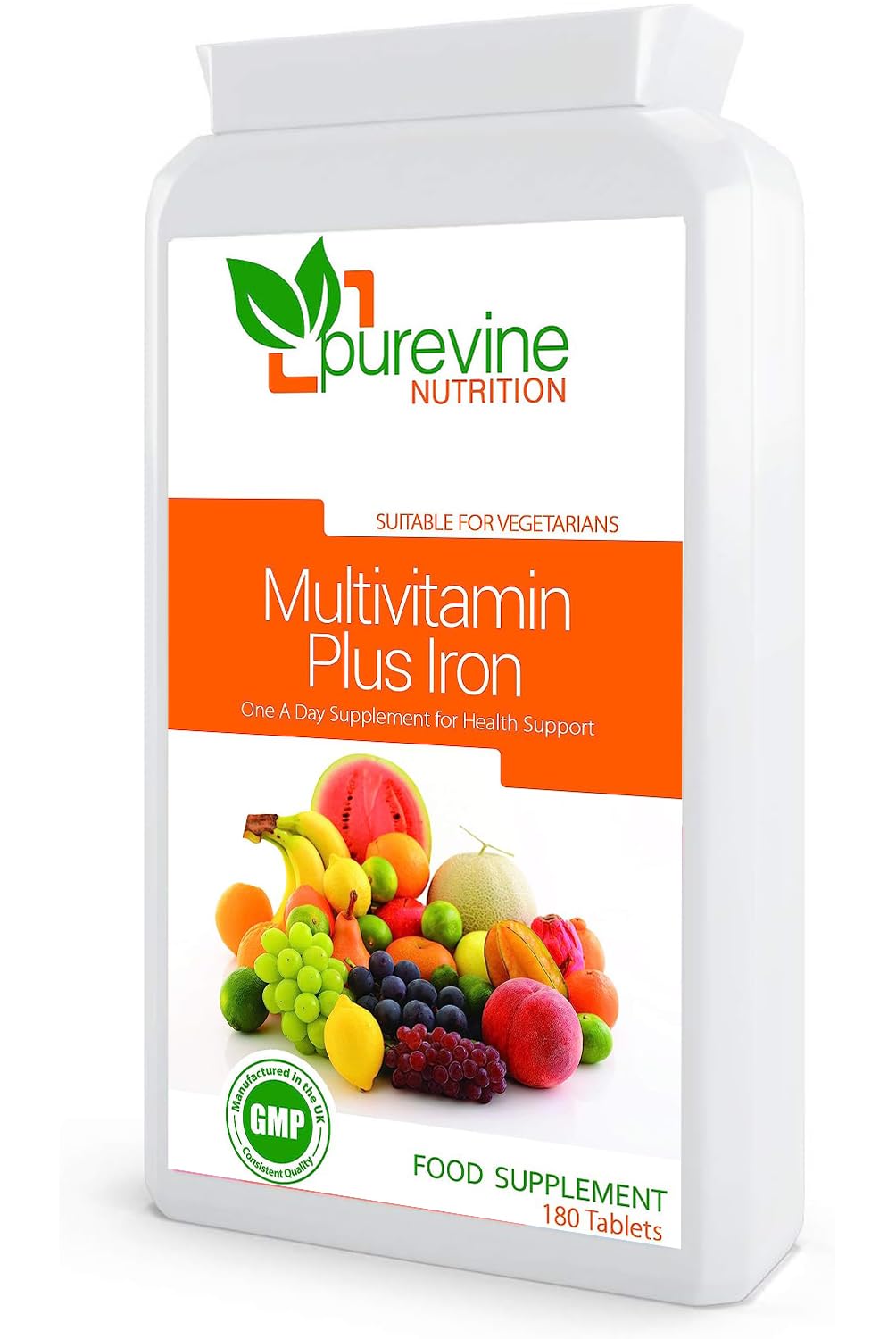 Purevine Nutrition Multi Vitamins with Iron Supplement - 180 Tablets - Daily One A Day Multivitamin with Vitamin C, B, A and D – Immune Support Suitable for Men and Women - UK Manufactured to GMP Standards