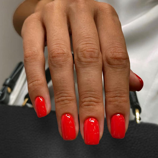 JUSTOTRY 24 Pcs Red False Nails Short Pattern,Solid Square Press on Nails,Glossy Fake Nails Medium for Nails Art,Pretty Squoval French Stick on Nails for Women and Teens Gifts