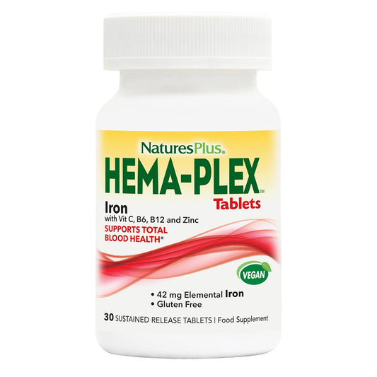 Nature's Plus NaturesPlus HemaPlex - Gentle Iron Supplement with Vitamin C, Methyl B12, Folate - Blood Health, Immune Support, Energy - Vegan, Gluten Free - 30 Tablets