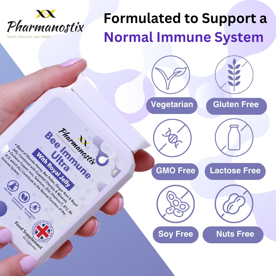 Pharmanostix Ultra Bee Immune 60 Capsules Packed with Bee Pollen, Royal Jelly, Manuka Honey, Essential Vitamins and Minerals, Vitamin C, D & E, Zinc - Ginger Root & Elderberry - UK Manufactured