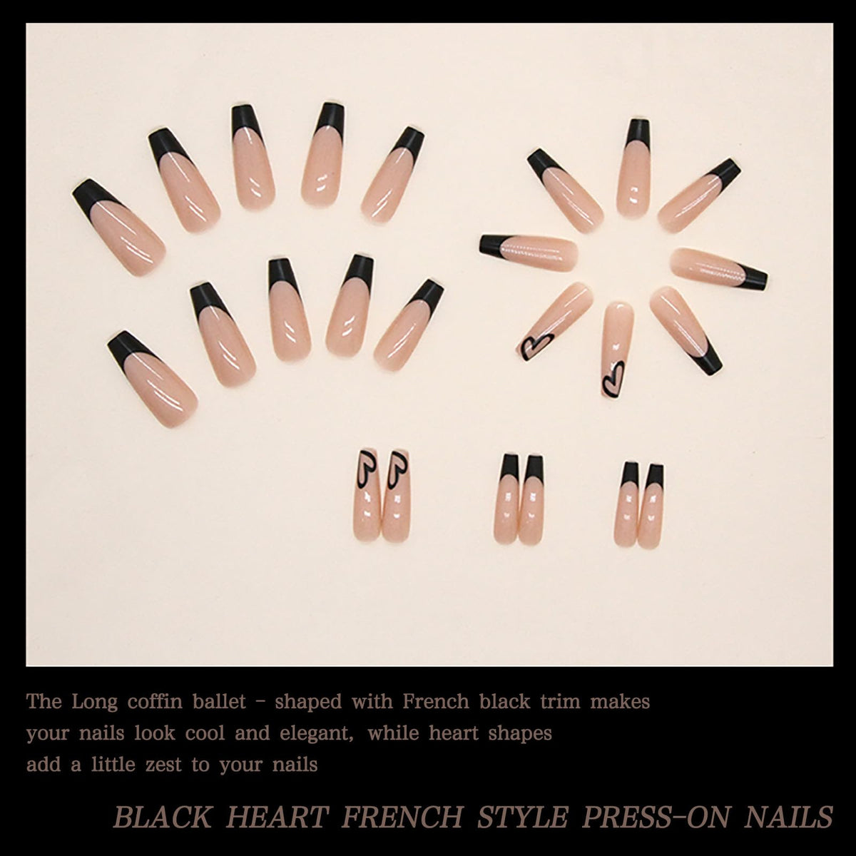 Maggikey 24PCS Long Coffin Ballerina False Nails - French Black Plastic Press On Nails - Full Coverage Glossy Stick On Nails For Women (Black Heart French Style)
