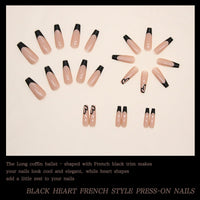 Maggikey 24PCS Long Coffin Ballerina False Nails - French Black Plastic Press On Nails - Full Coverage Glossy Stick On Nails For Women (Black Heart French Style)