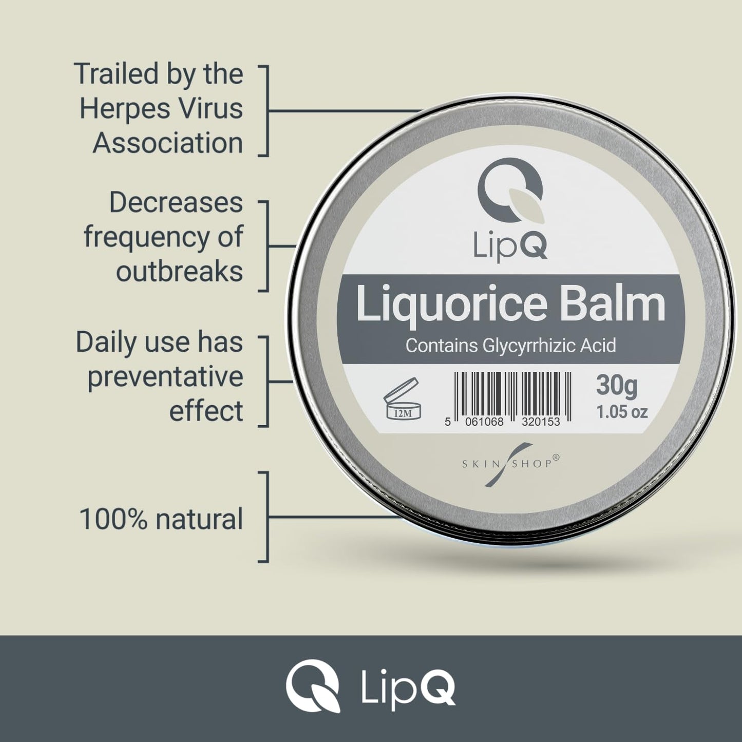 Skin Shop LipQ Liquorice Lip Balm 30g, Daily Care for Cold Sore-Prone Lips
