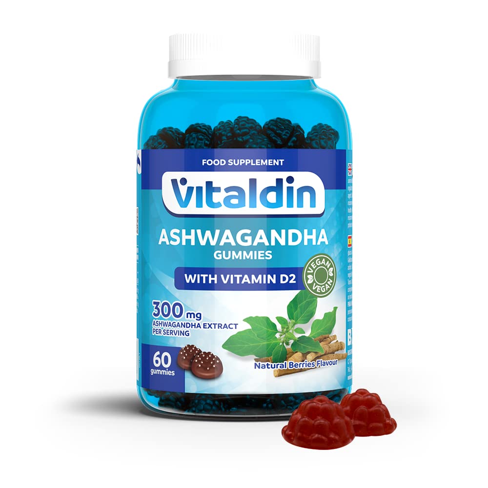 VITALDIN Ashwagandha Gummies – 300 mg Ashwagandha Root Extract KSM-66 & 1.000 IU Vitamin D2 – 60 Chewable Gummies (1 Month Supply) Berries Flavour – Anti-Stress adaptogen; Calm and Relaxation – Vegan
