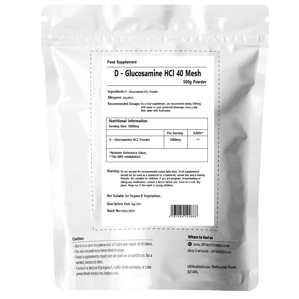 UKHealthHouse Glucosamine Hydrochloride Powder Joint and Cartillage Support Extra Strength 40 Mesh D-Glucosamine HCL Powder HCL Supplement (500g)