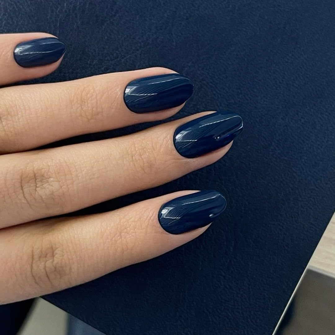 KQueenest Acrylic Press on Nails Short Oval, Deep Blue False Nails Short Almond, Glossy Solid Color Round Fake Nails Set, Reusable Natural Gel Stick on Nail for Women Finger Daily Wear 24 Pcs